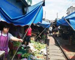 The vendors have specially designed covering which can easily be pulled back at the time when the train crosses the market. A bell warning goes off to